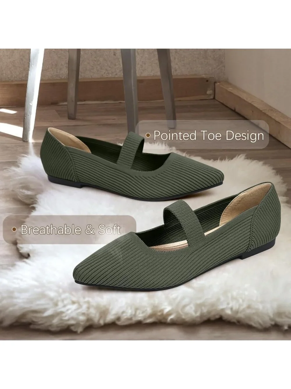 Women's Green Knit Mary Jane Flats Pointed Toe Pull On Comfortable Flats Shoes